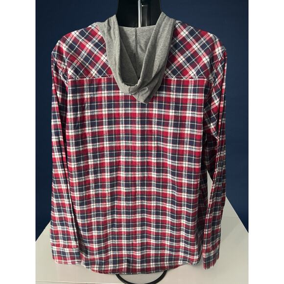 New UNIONBAY Men’s XL Flannel Shirt Hoodie Red Plaid Button Down Long Sleeve - Picture 2 of 12